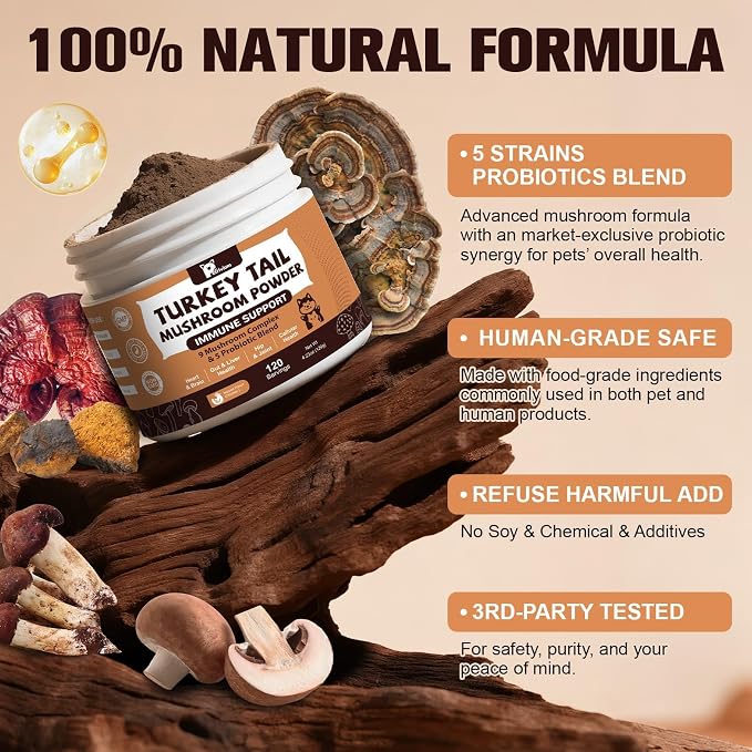 Mushroom Supplement with Probiotics for Dogs & Cats, Turkey Tail Mushroom for Pets - Mushroom Powder for Immune Boost & Overall Health- Partner Guard for Dogs Lumps and Bumps 2 Pack