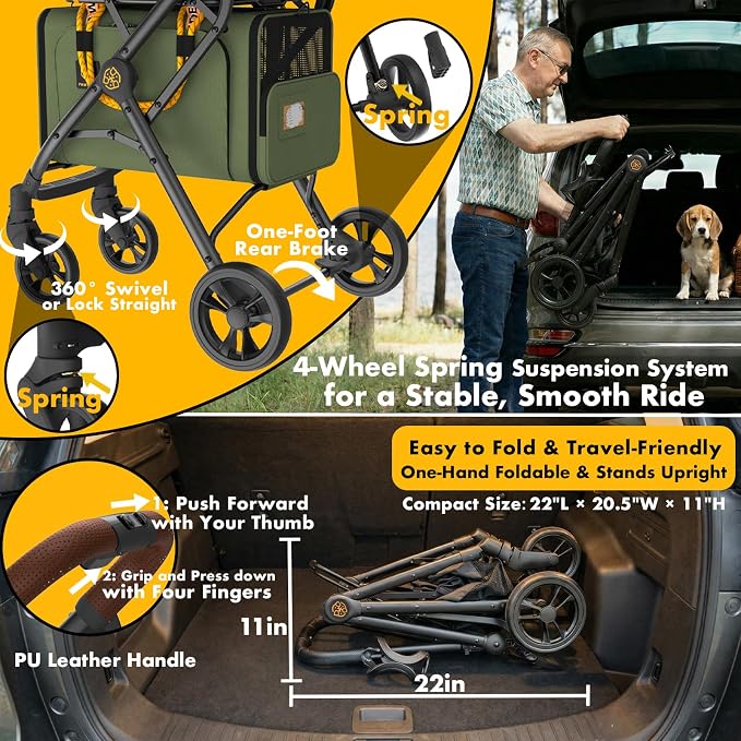 PAWZIDEA Double Pet Stroller with 2 Detachable Carrier, Lightweight Portable Travel Crate & Car Seat Combo & TSA-Approved Expandable Carrier, Foldable Jogger Stroller for 2–4 Cats or Small/Medium Dogs