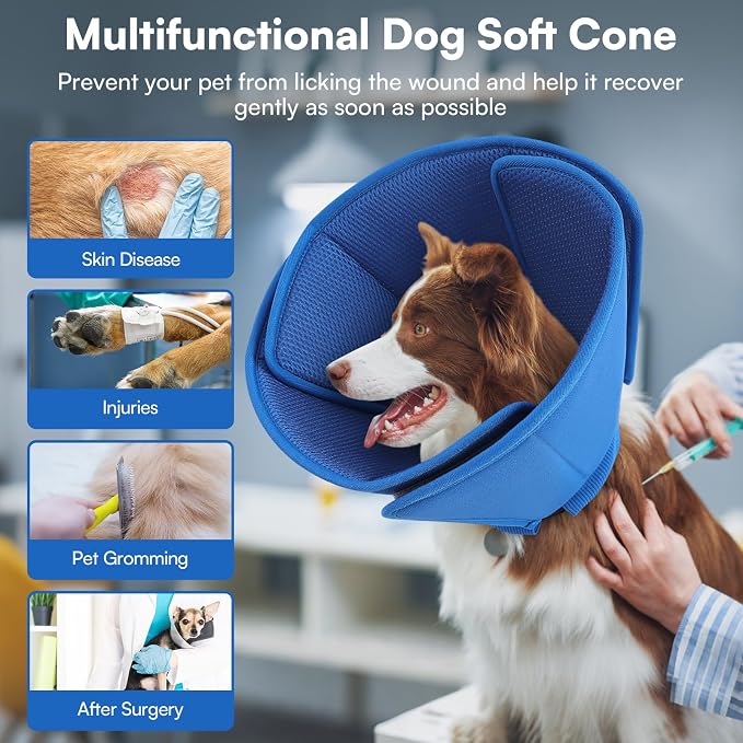 Queenmore Dog Cone,Soft Dog Cones for Large Dogs After Surgery,Comfy Cone for Dogs to Stop Licking, Adjustable Recovery Collar,Elizabethan Pet E-Collar for Wound Healing,Blue,L