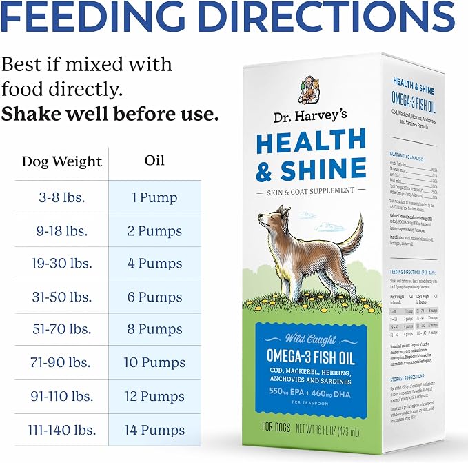 Dr. Harvey’s Health & Shine Omega 3 Fish Oil for Dogs from Wild Caught Cod, Mackerel, Herring, Anchovies and Sardines - Supports Beautiful Fur, Strong Joints and Itchy Allergy Relief (16 fl. oz.)