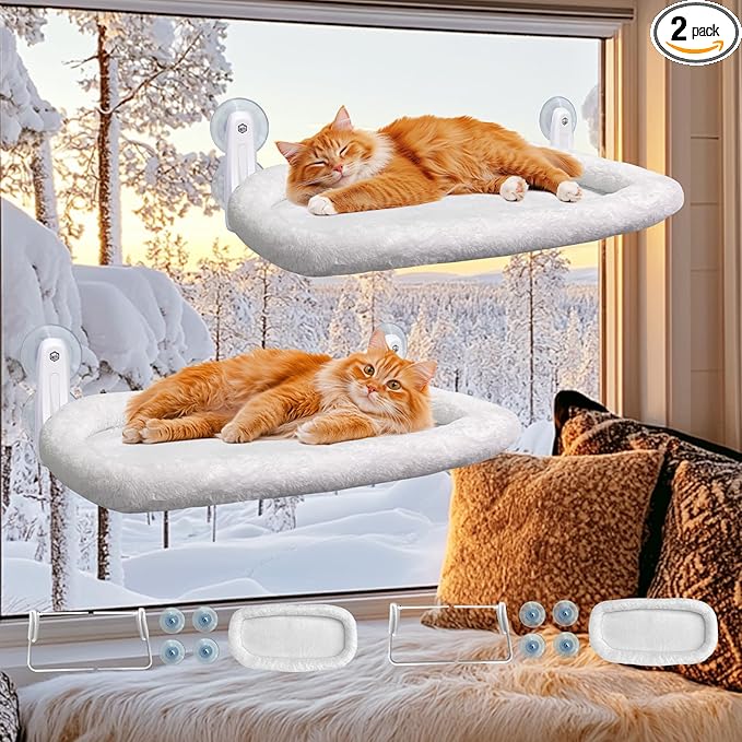 L&W BROS. 2PC Cat Window Perch Cushion Bed Cat Hammock with 4 Updated Suction Cups Easy to Assemble Window Bed for Heavy Large Cats (M White)