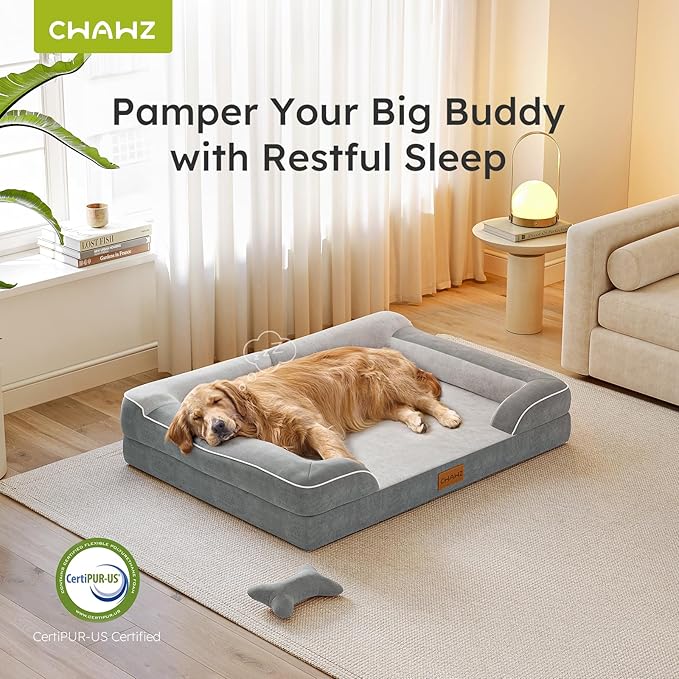 CWAWZ Dog Beds for Large Dogs, Orthopedic Dog Bed with Cooling Gel Memory Foam, Waterproof Large Pet Bed with Removable Washable Cover, 36" Pet Sofa Couch Dutch Velvet with Bone Toy, Light Gray
