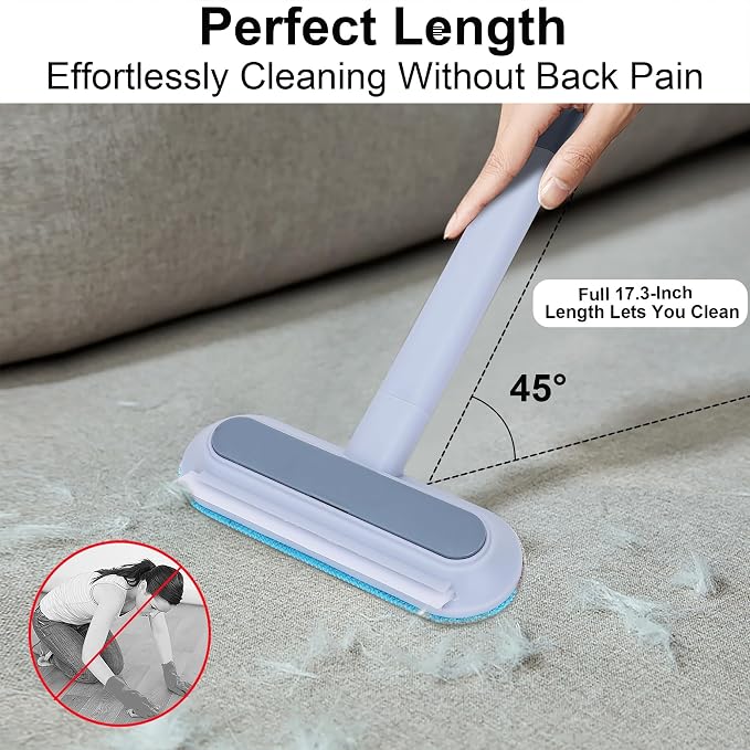 No Kneeling Pet Hair Remover – 4-in-1 Reusable Tool for Dog & Cat Hair, Standard Handle (17.7") for Furniture & Car Seats – Back-Saver, 1-Pack