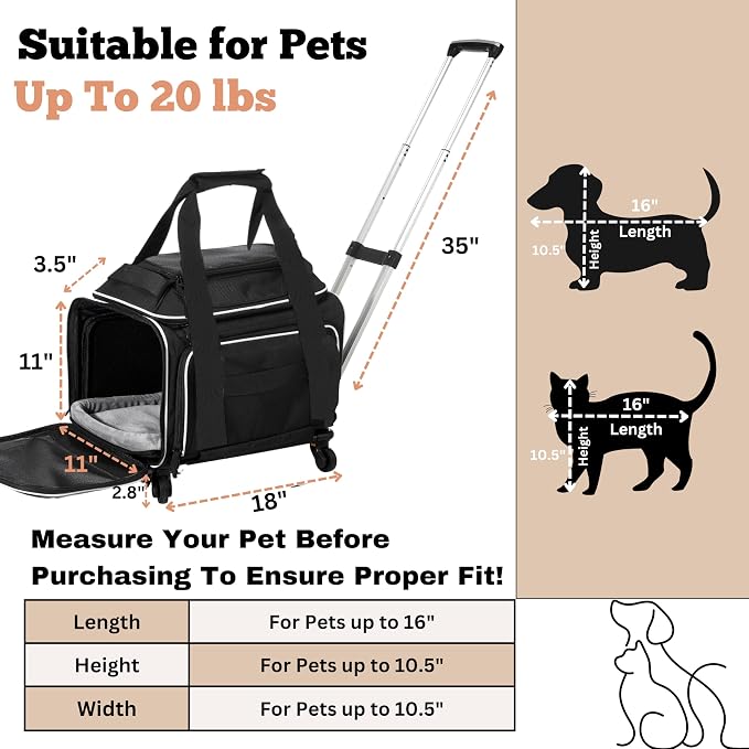 Airline Approved Top-Expanding Pet Carrier on Wheels- Extra Spacious Soft Lined Carrier! 18x11x11 (Expanding Sides)
