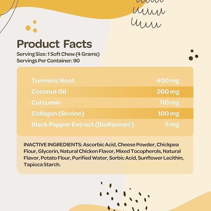 Turmeric for Dogs Soft Chews | Hip and Joint Chews for Dogs Comfort & Mobility with Collagen for Dogs | Dog Joint Supplement for All Ages Breeds & Sizes | NASC Certified & Made in The USA | 90 Chews
