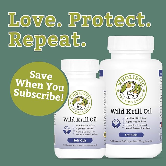 Wholistic Pet Organics Krill Oil for Dogs and Cats - Premium Antioxidant Support for Pets - Cat and Dog Skin and Coat Supplement with EPA, DHA, Astaxanthin - Omega 3 for Dogs and Cats - 200 Soft Gels