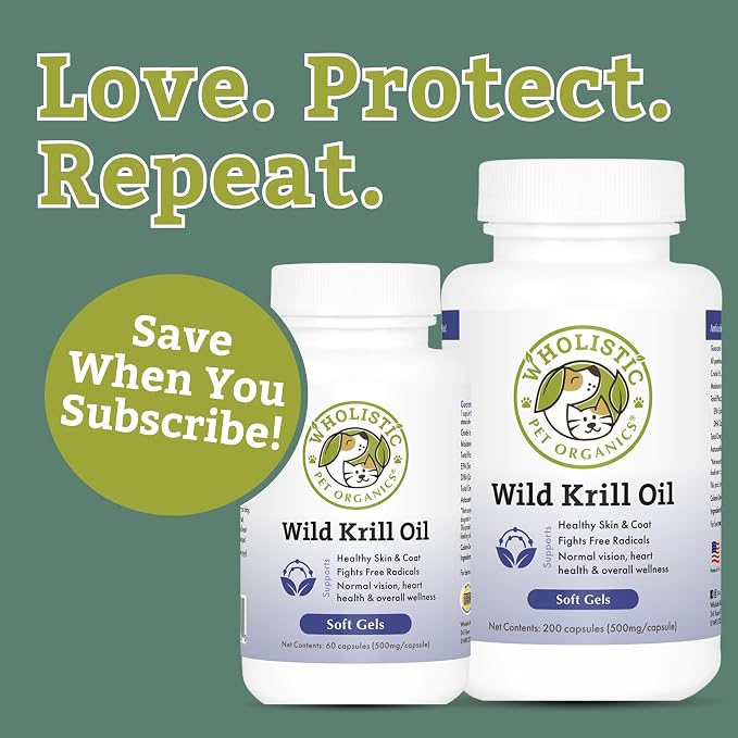 Wholistic Pet Organics Krill Oil for Dogs and Cats - Premium Antioxidant Support for Pets - Cat and Dog Skin and Coat Supplement with EPA, DHA, Astaxanthin - Omega 3 for Dogs and Cats - 60 Soft Gels