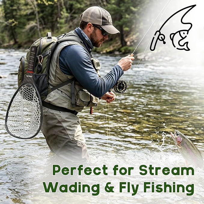 Riverruns Fly Fishing Landing Net Carbon Fiber Trout Net with Measurement Handle, Soft Rubber Mesh - 26" Standard (Wading) / 37" Long (Kayak)