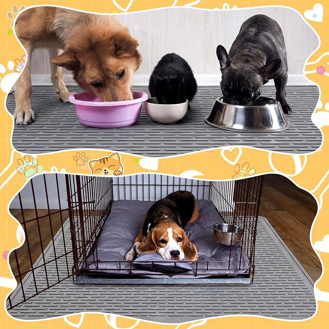 2 Pcs 34" x 22" Large Silicone Dog Food Mats Waterproof Dogs & Cat Bowl Mat with Raised Edge, Washable Nonslip Pet Feeding Mat for Multi-pet Homes Floor Protector, Washable, Grey