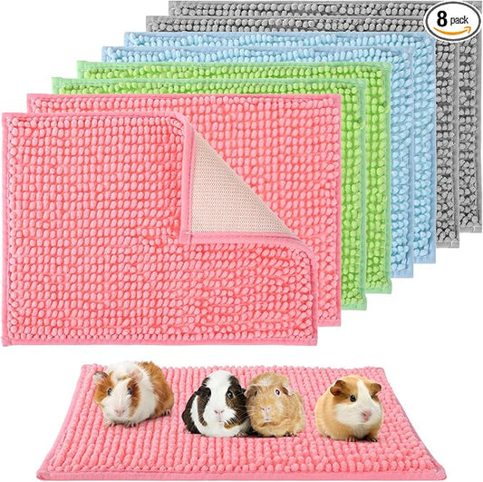 8 PCS Guinea Pig Liner Washable Rabbit Cage Liner 12x16 Inch Guinea Pig Fleece Bedding Pee Pads Reusable Absorbent Pet Mats for Small Animals, Bunny, Hamster (Gray, Green, Pink, Blue)