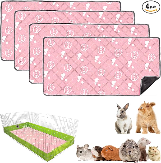 4 Pack Guinea Pig Bedding - Washable Guinea Pig Liners for Midwest Cage, Waterproof Reusable Pee Pads Super Absorbent Mats for Small Animals Pet Rabbit Bunny Hamster Rat (Pink, 48 x 24 Inch)