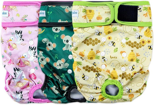Leekalos Reusable Washable Dog Diapers Female (3 Pack) - Highly Absorbent Doggie Diapers - Size Adjustable Puppy Diapers for Dog Period Panties (X-Large, Honeybee)