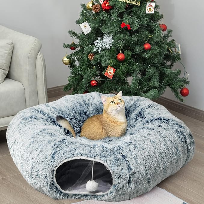 AUOON Cat Tunnel Bed for Indoor Cats - Large Cat Donut Tunnel with Hanging Ball Toy, Collapsible 2-in-1 Multifunctional Interactive Cat Toy for Kitten, Puppy, Rabbit, Ferret (Gray)