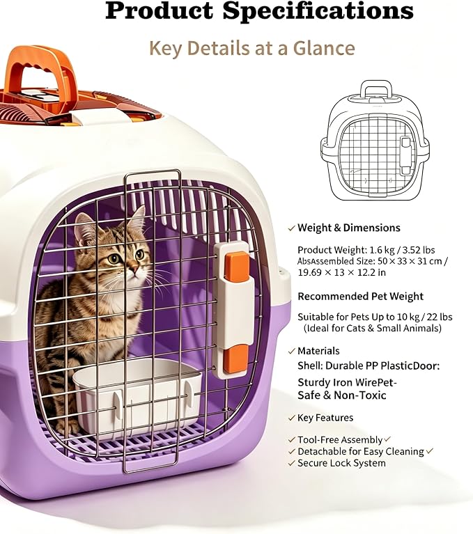 Cat Carrier Airline Approved, Portable Pet Travel Crate with Anti-Stress Design for Cats & Small Dogs, Car Safe Kennel with Top Window (Purple)