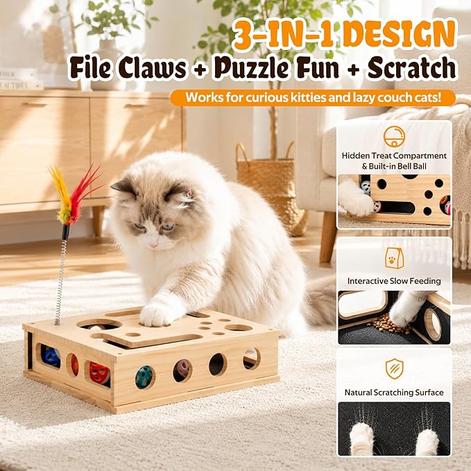 Cat Toys for Indoor Cats - Interactive Box Puzzle Toy Nail File Scratcher Cat Play Toy with 6 Jingle Balls & 2 Feather Wands, Wooden Puzzle Treat Toy Box Energize Cat Instincts for Bored Cats