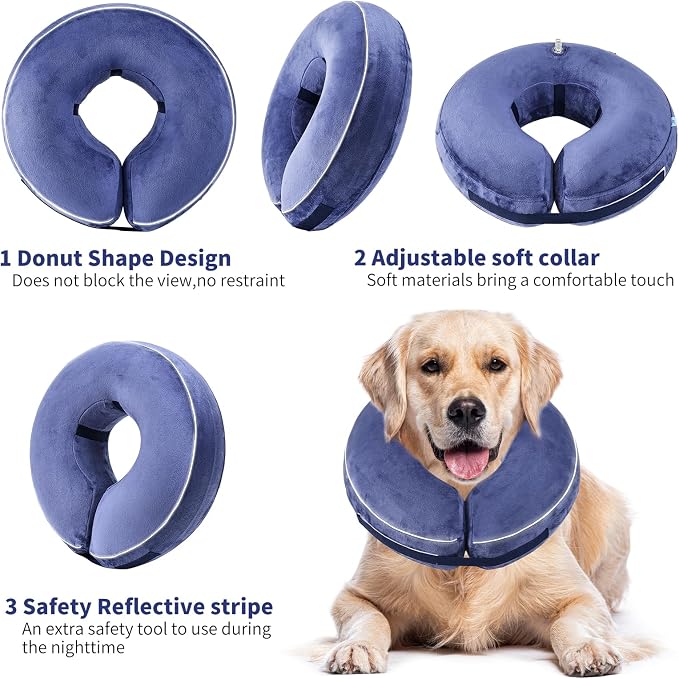 Inflatable Reflective Dog Cone Collar Alternative After Surgery,Doggie Recovery Dount Neck Ecollar,Adjustable Soft Dog Cone Collar for Small Medium Large Dogs (Blue, XL)