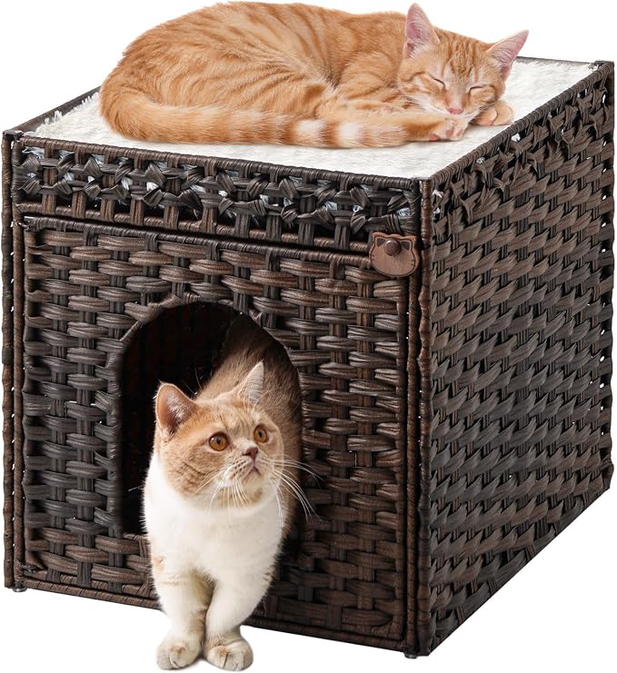 SETVSON Cat Beds for Indoor Cats Extra Large Double Cat Cave Pet Cube, Handwoven Rattan Cat Houses with Double-Sided Soft Cushions, 18.5 x 20.5 x 19.1 Inches Foldable Hideaway in Living Room Brown