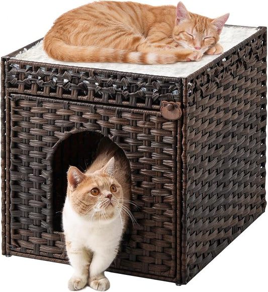 SETVSON Cat Beds for Indoor Cats Extra Large Double Cat Cave Pet Cube, Handwoven Rattan Cat Houses with Double-Sided Soft Cushions, 18.5 x 20.5 x 19.1 Inches Foldable Hideaway in Living Room Brown