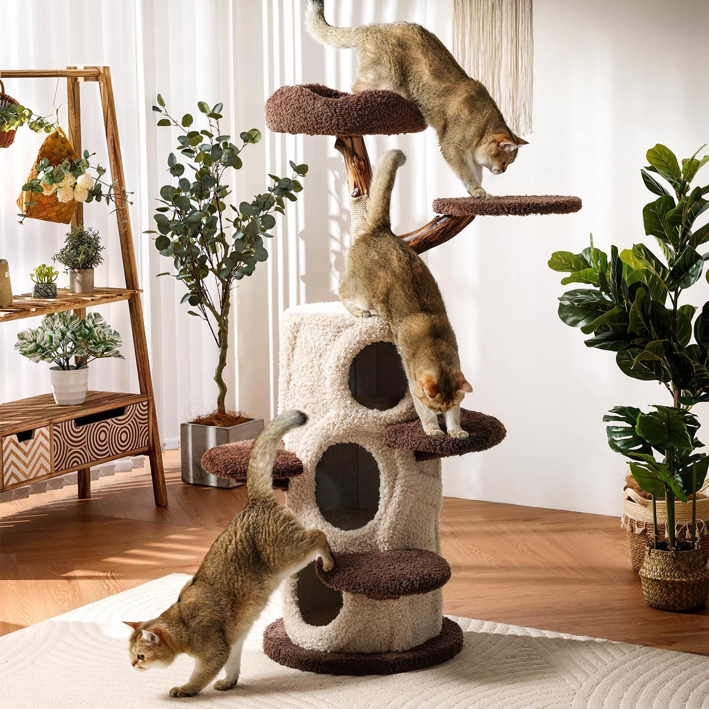 54.7'' Tall Modern Wood Cat Tree with 3 Level House, Luxury Cat Tower for Home Decoration, Large Cat Condo for Multi-Cat Families