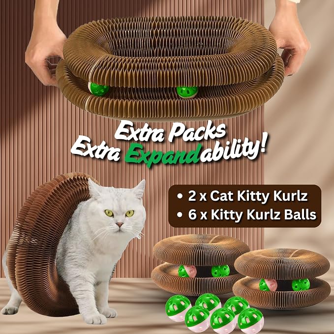 Kitty Kurlz Cat Scratcher Toy - Reversible Magic Organ Foldable Accordion Honeycomb Cardboard Scratching Board with Bell Ball, Interactive Anxiety Relief Exercise Toy for Indoor Cats (2PCS)