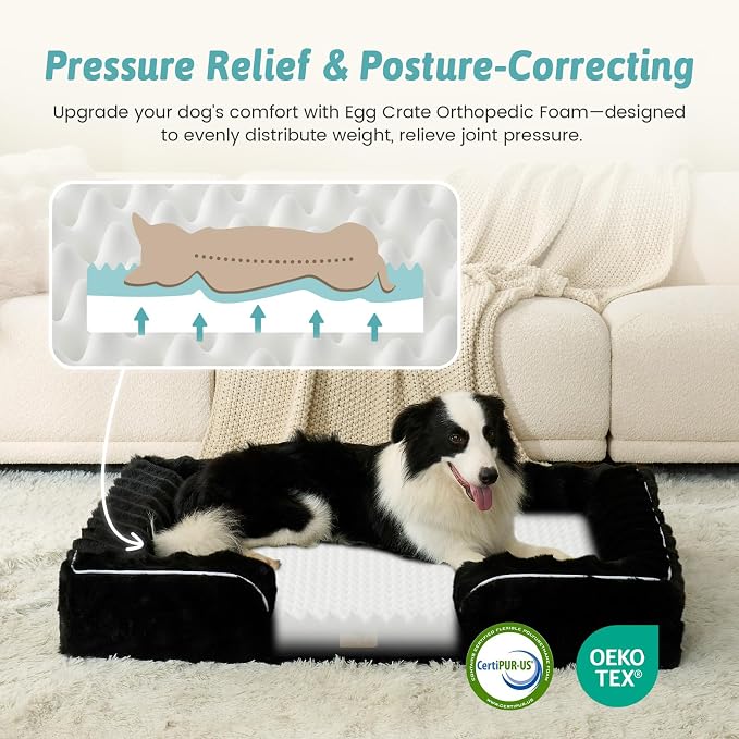 COZY KISS Orthopedic Dog Bed for Medium Small Size Dog, Soft and Warm Faux Fur Sofa for Pet Up to 40 lbs, Foam Bolster Anti-Slip Couch with Washable Removable Cover, M 30x20x6.5 inch, Black