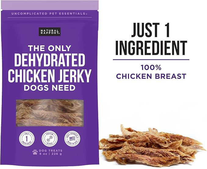 Natural Rapport Chicken Jerky Dog Treats - Single Ingredient Chicken Breast, 80% Protein, Training Treats for Small & Large Dogs (8 oz) (35+ Treats)