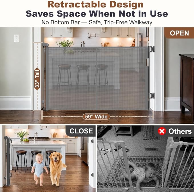 GRENFU Reinforced Retractable Baby Gates for Doorways, Retractable Gate with Support Rods to Prevent Crawling Through, Extends to 59" Wide 33" Tall, 5 FT Retractable Dog Gate for Indoor/Outdoor, Gray