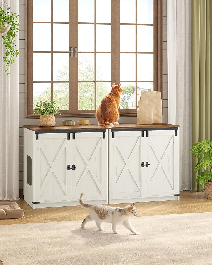 Hzuaneri Cat Litter Box Enclosure Enclosed, Hidden Litter Box Furniture Cabinet Large, Wooden Indoor Cat House with Adjustable Shelf for Top Entry Litter Box, Farmhouse Rustic Brown and White CB85414X