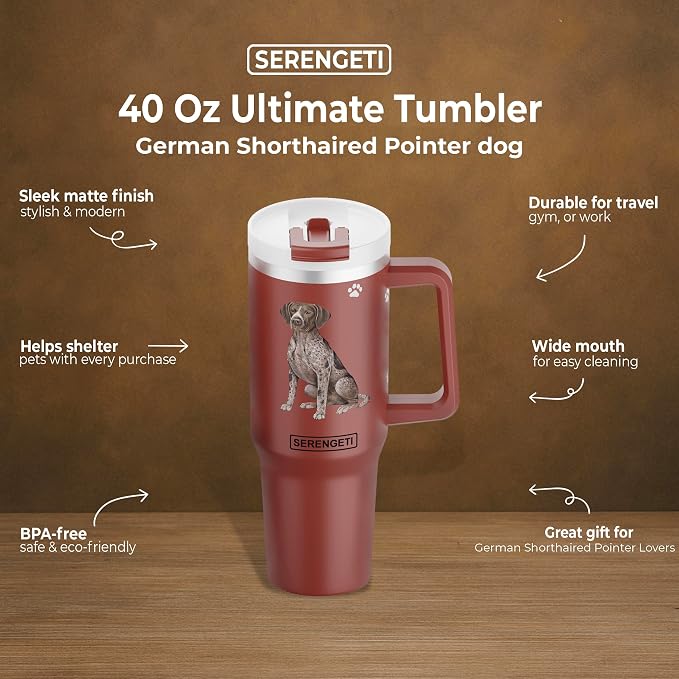 E&S Pets SERENGETI 40 Oz Ultimate Tumbler with Handle and Straw - Vacuum Insulated Tumbler with Straw and Lid - Stainless Steel Travel Mug for Pet Lovers - 3D Printing (German Shorthaired Pointer)