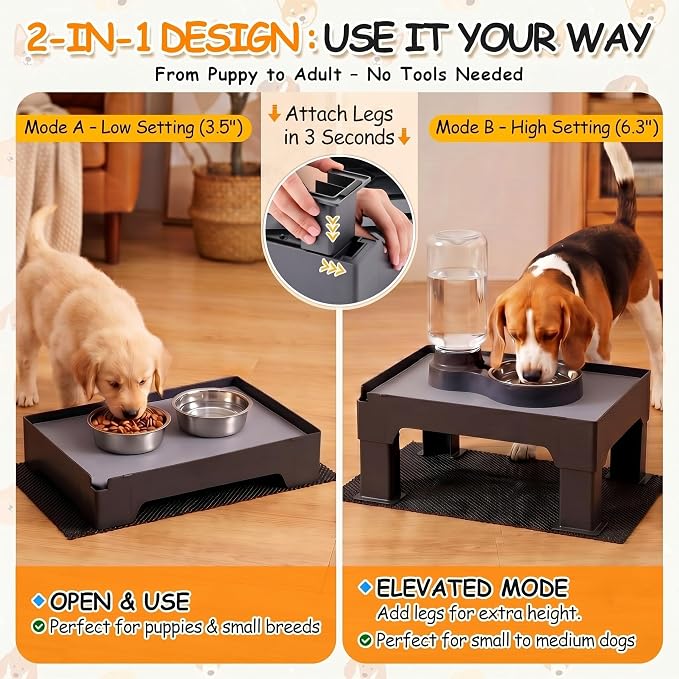 2 Set Adjustable Raised Dog Bowl Stand and 100% Waterproof & Non-Slip Mat, Elevated Dog Bowl Stand for Small Medium Sized, Easy-Clean Silicone Pet Food Mat- Neck Strain Relief & Protect Your Floors