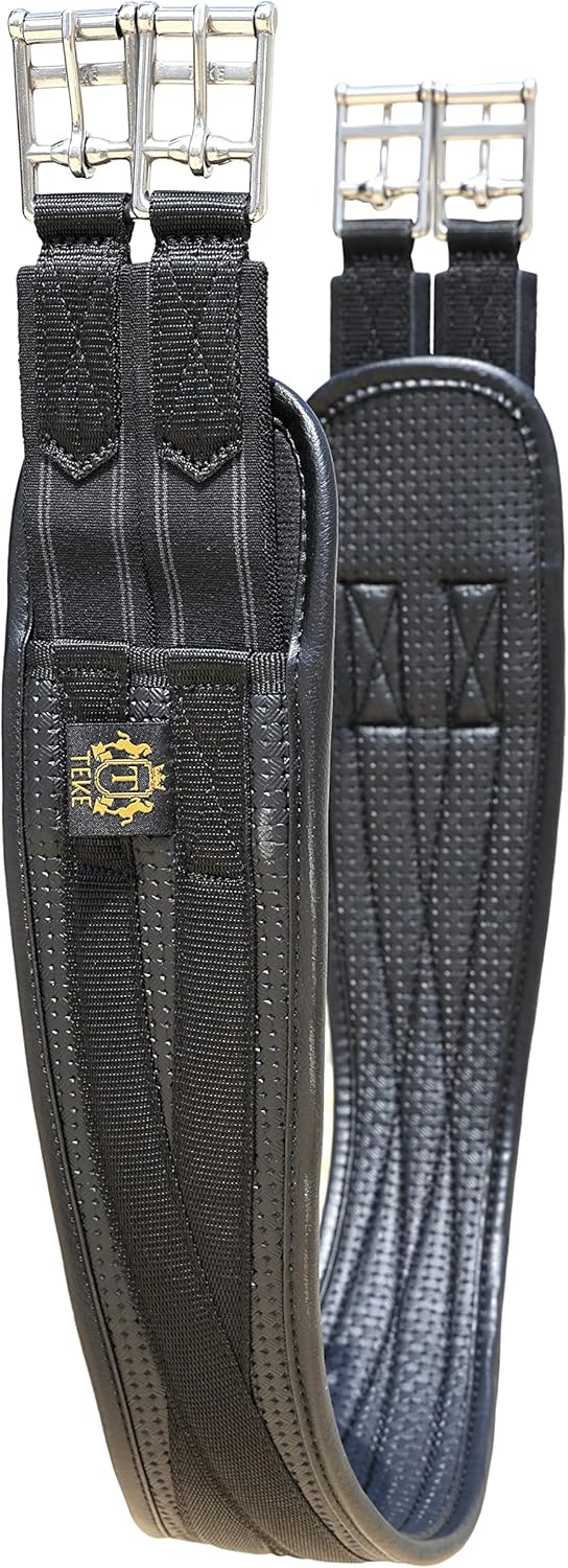 T TEKE Contoured Chafeless Girth for Horses, Airflow Waffle PVC Foam Construction with Double Side Heavy Duty Cotton Elastic and Stainless Steel Buckles (38"-56")