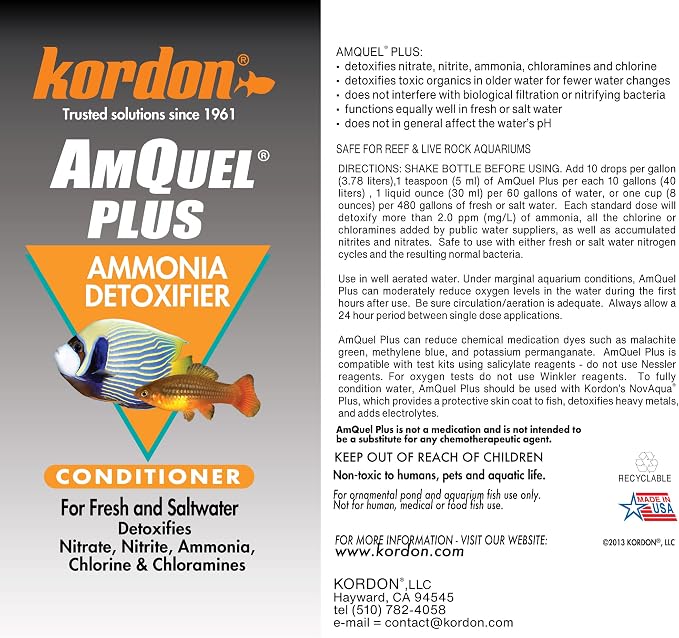 Kordon AmQuel Plus Aquarium Water Conditioner - Instantly Detoxifies Ammonia, Nitrite, Nitrate, and Chlorine Remover for Freshwater & Saltwater Aquariums, 16 Ounces (Pack of 2)