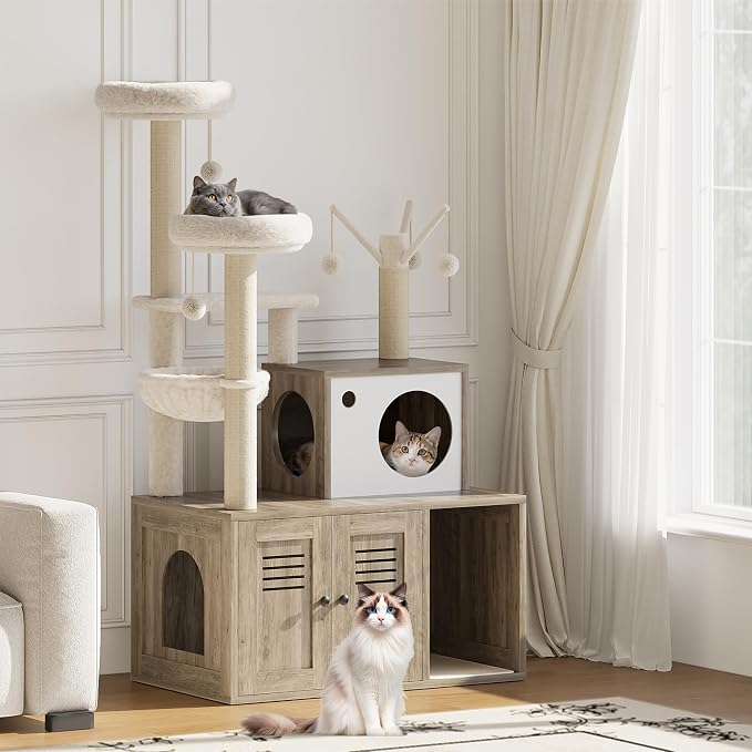 Garvee Cat Litter Box Enclosure with Tree Tower and Condo, Hidden Pet Washroom Furniture with Sisal Scratching Post,Hammocks and Soft Plush Perch, Wooden Cat Furniture with Multiple Platforms,Grey