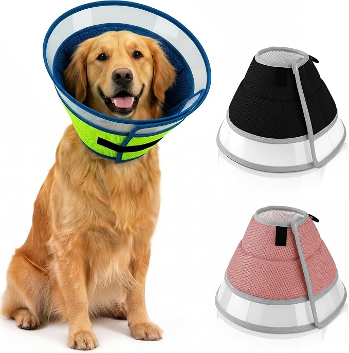 Premier Web Products Soft Dog Cone Collar To Stop Licking - Large Dog Cone, Adjustable and Reversible Design, Non-Woven Breathable Fabric, Elizabethan Recovery Collar after Surgery for Cat, Blue