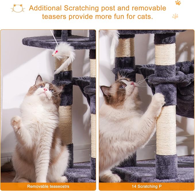 Heybly Cat Tree, 70 inches Tall Cat Tower condo with Toy for Indoor Large Cats, Cat House Furniture with Padded Plush Perch, Cozy Hammock and Sisal Scratching Posts,Smoky Gray HCT032G