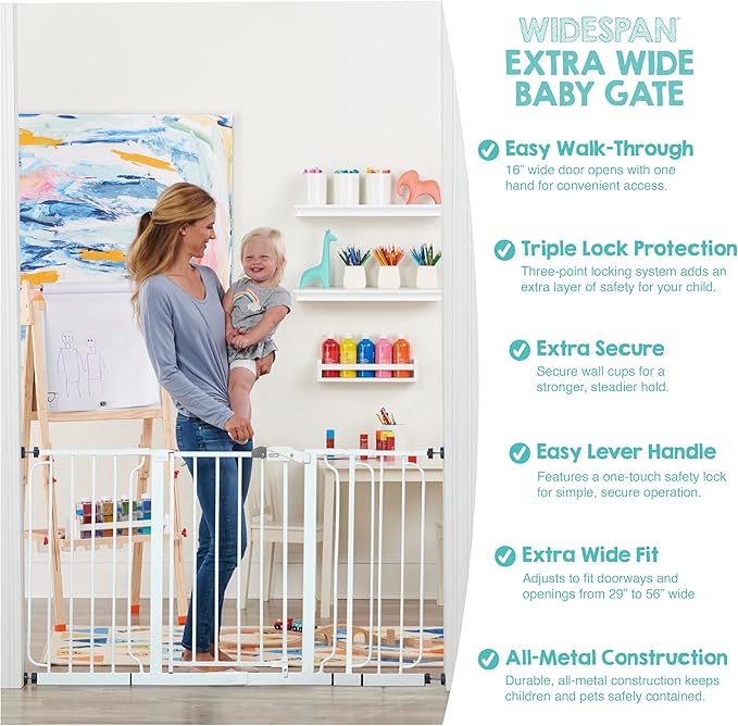 Regalo Safety 29-56" Extra Wide Baby Gate for Doorways & Bottom of Stairs, Pressure Mounted Baby Gate with Door for Babies, Toddlers & Pets, Tested & Safe for 30 Years, American Designed and Owned