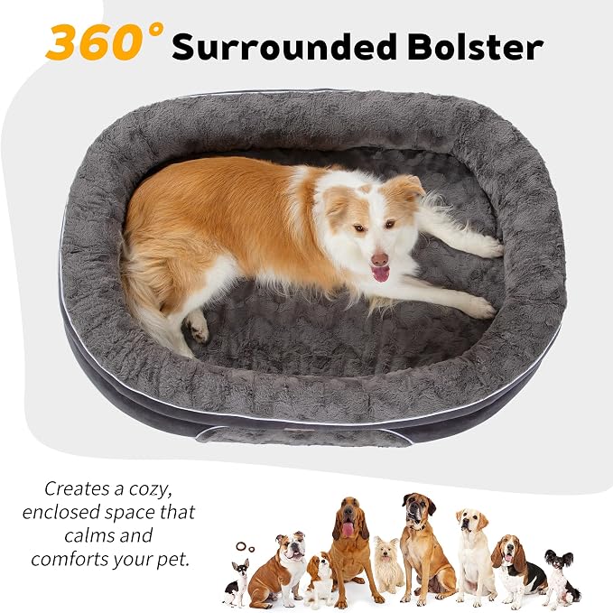 Orthopedic Dog Bed Couch for XLarge Sized Pets with Egg Foam Support, Four-Sided Bolster Cushions, Soft Tear-Resistant Fabric, and Removable Machine Washable Plush Cover, 42'', Dark Gray