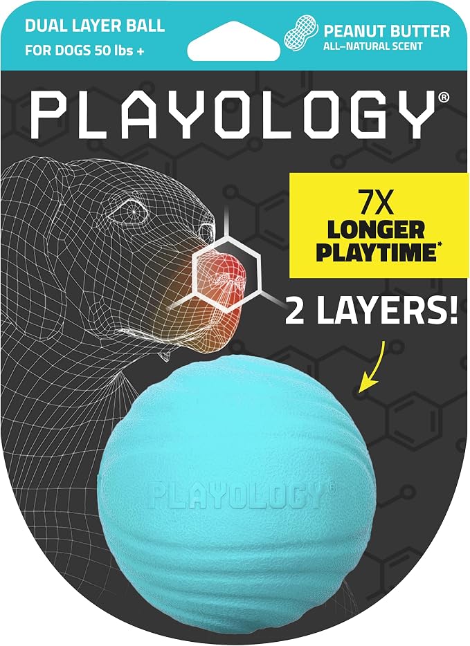 Playology Dog Toys | Dual Layer Ball Durable Chew Toy for Tough Chewers | Peanut Butter Scented Jumbo Dog Toy | Chew Toys for Large Dogs