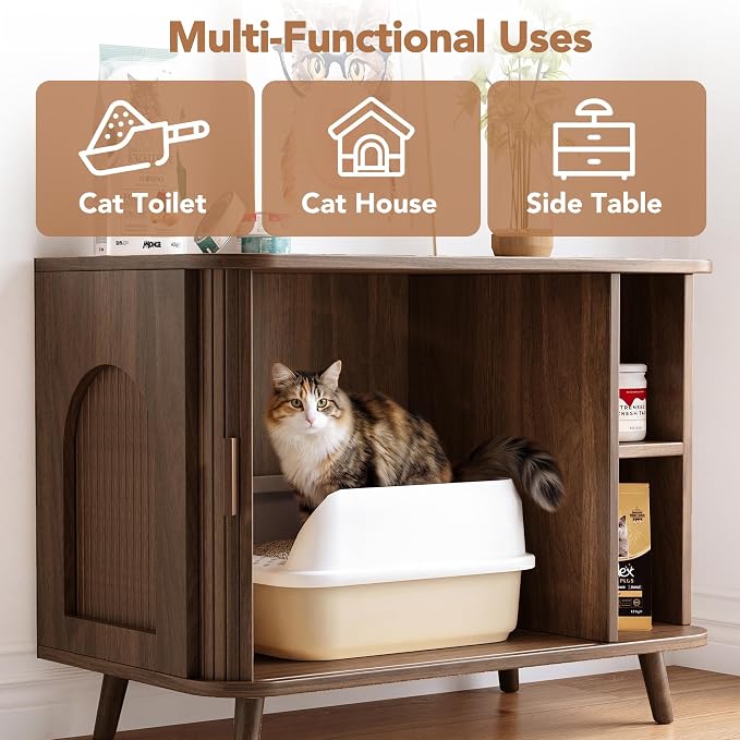35.4" Cat Litter Box Enclosure with Sliding Door – Wooden Hidden Litter Box Furniture with 2-Layer Shelves, Side End Table for Living Room, Brown