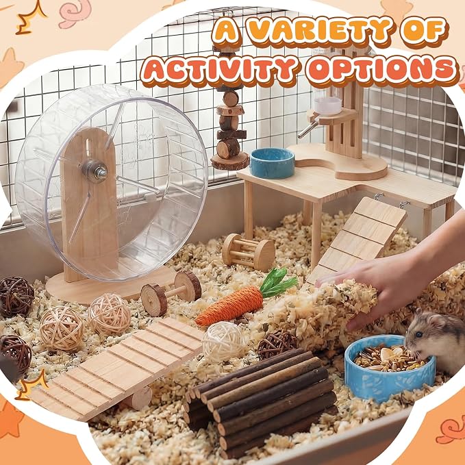 40 Pcs Hamster Cage Accessories, 9.5'' Exercise Wheel, Wood Platform Hideout House, Water Bottle, Sand Bath, Bowl, Chew Toy for Syrian Hamsters Mice Gerbils Habitat Decor (Natural Style)