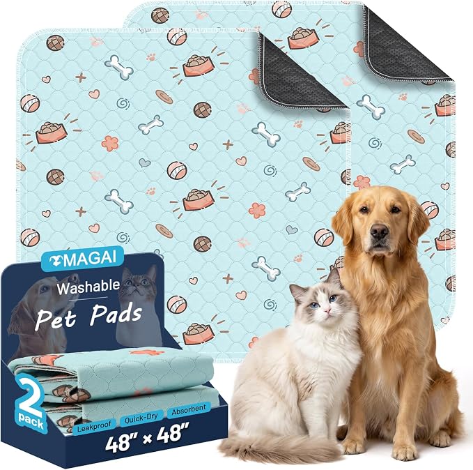 Extra Large Washable Pee Pads for Dogs and Cats,48x48In 5-Layer Ultra-Absorbent & Leak-Proof Potty Training Pads, Non-Slip Whelping Potty Pads for Housebreak Crates, Floors, Cars, Blue 2 Packs