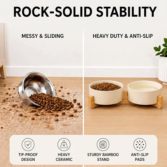 SPUNKYJUNKY Ceramic Dog and Cat Bowl Set with Wooden Stand, Modern Cute Weighted Food Water Set for Small Size Dogs (13.5OZ) & Medium Sized Dogs (28.7OZ) & Cats (1.7 Cups, 2 × Beige)