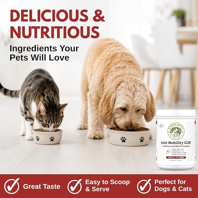 Wholistic Pet Organics - Hip and Joint Supplement for Dogs & Cats - Cat and Dog Joint Supplement - Green Lipped Mussels, Chondroitin, Glucosamine for Dogs & Cat Mobility Support - 1 Lb - 45 Scoops