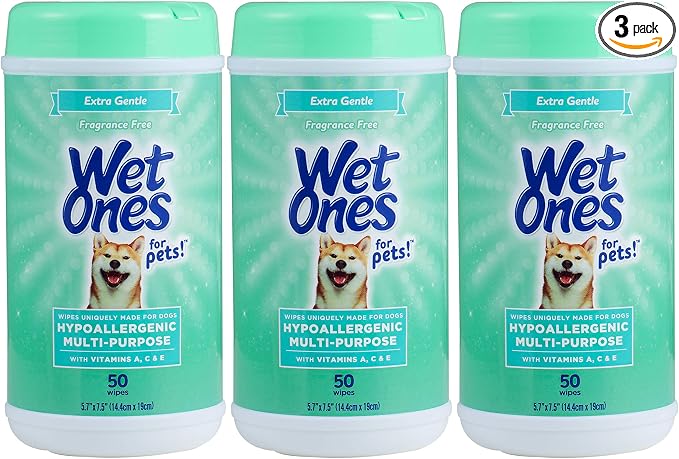 Wet Ones for Pets Hypoallergenic Multipurpose Dog Wipes with Vitamins A, C and E - Fragrance-Free All-Over Pet Grooming Wipes for Dogs in Canister, 50 Count - 3 Pack