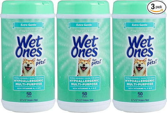 Wet Ones for Pets Hypoallergenic Multipurpose Dog Wipes with Vitamins A, C and E - Fragrance-Free All-Over Pet Grooming Wipes for Dogs in Canister, 50 Count - 3 Pack