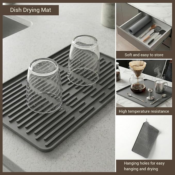 Silicone Coffee Mat for Countertop, 16x16 inch Heat Resistant Espresso Machine Mat, Non-Slip Coffee Bar Mat with Detachable Drying Area and Raised Edge, Waterproof Station Pad - Grey
