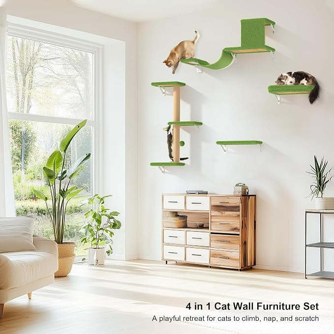 FUKUMARU Cat Wall Shelves, Stable & Safe 4 in 1 Cat Walls Furniture Set, Wooden Kitten Climbing Wall with Scratching Post for 16 Inch Drywall - Green