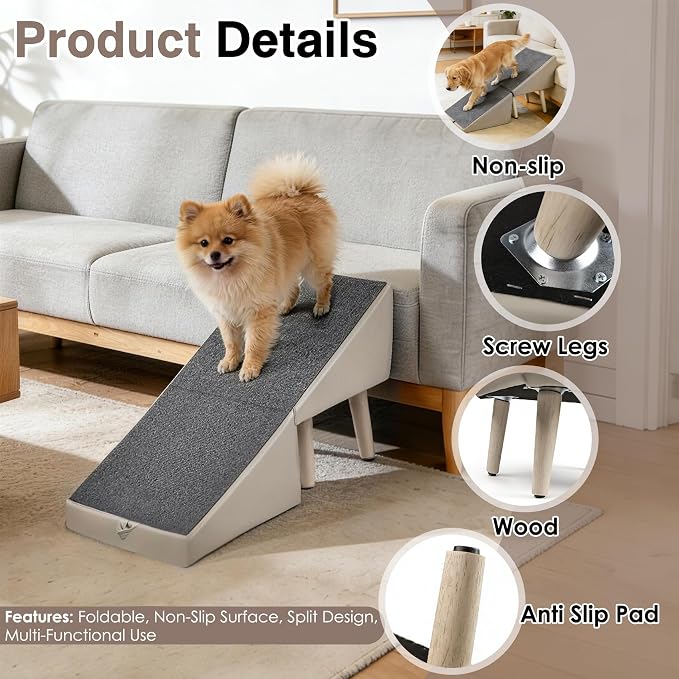 Split Ottoman Dogs Ramp, Dog Ramp for Couch and Bed, Dog Stairs for Small Dogs and Cats, 2-in-1 Foldable Wooden Pet Stairs and Ottoman,Non-Slip Fabric Surface Ramp for Couch and Bed Gray