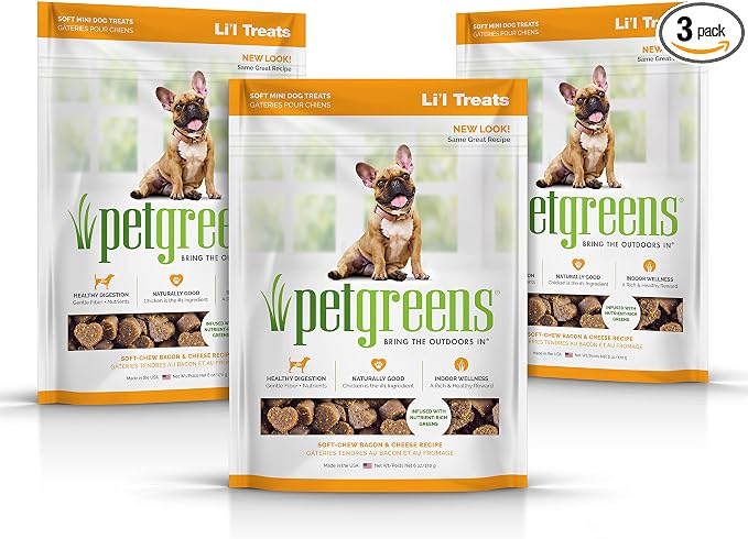 Pet Greens Natural Soft-Chew Dog Treats Infused with Supergreens - 3 Pack Bacon and Cheese 6 oz Each