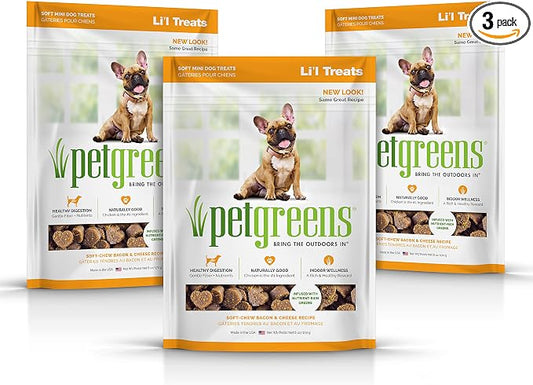 Pet Greens Natural Soft-Chew Dog Treats Infused with Supergreens - 3 Pack Bacon and Cheese 6 oz Each